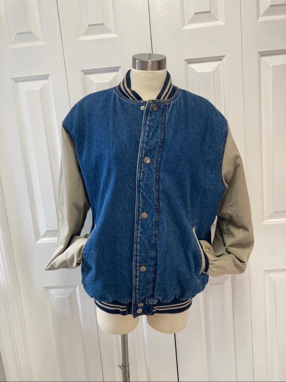 Vintage Blue Denim Bomber Jacket with Tan Sleeves - Picture 3 of 14